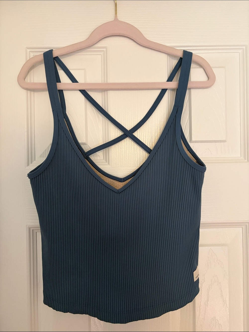 Vuori Ribbed Crossback Tank in Teal Blue